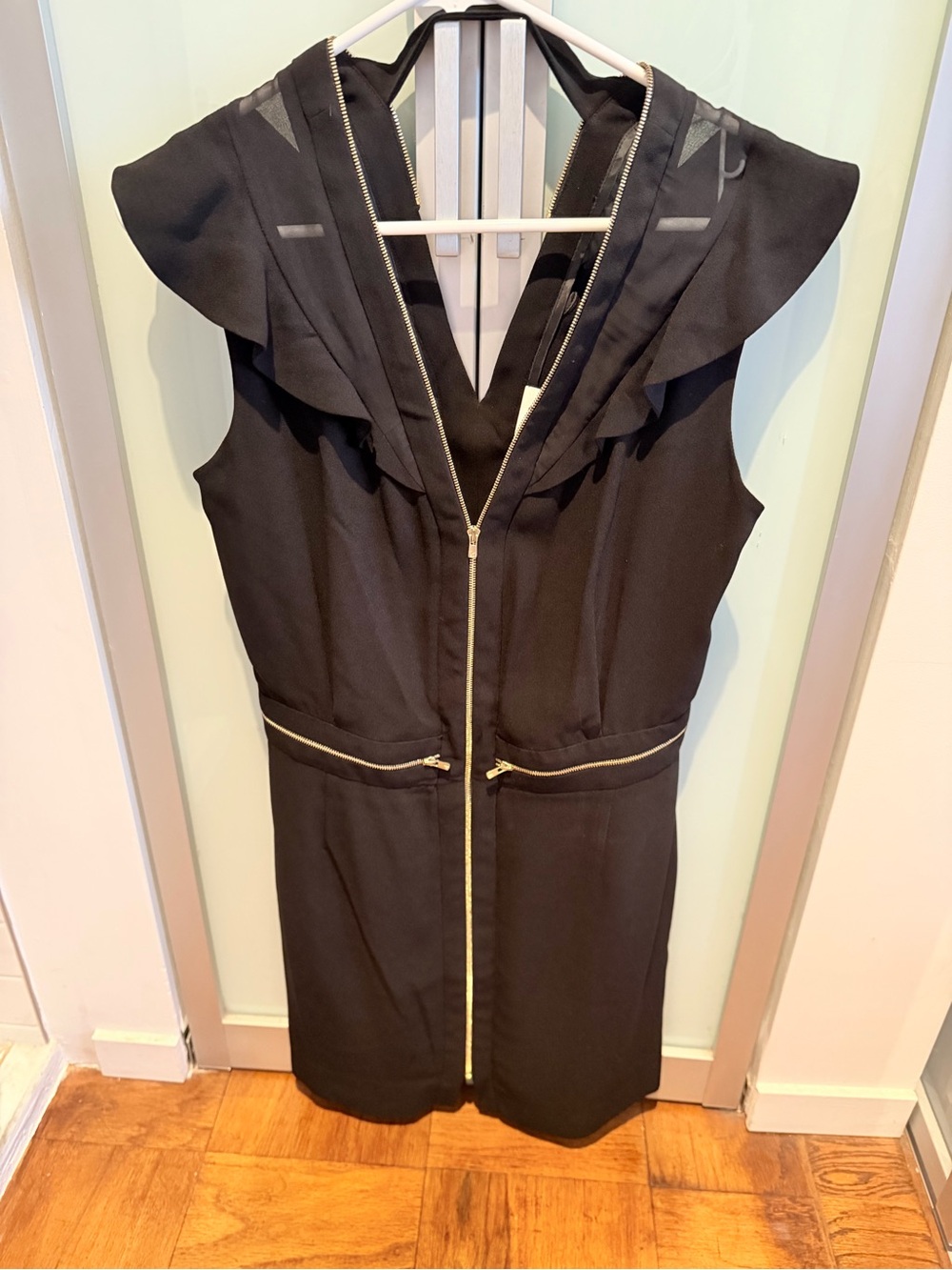 Sandro Black Sleeveless Zip-Front Dress with Gold Trim